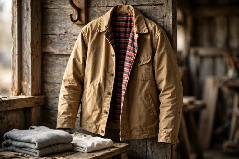 Flint and Tinder waxed trucker jacket in tan waxed cotton hanging in warm light with its striped blanket lining showing, folded wool sweater and cotton tee below