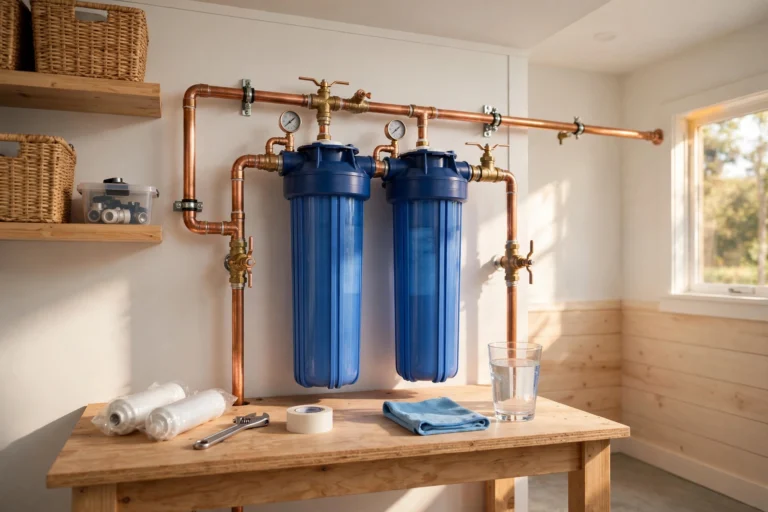 Whole house water filters installed on a home main water line: two large blue filter housings on copper pipe above a workbench with a glass of clear water
