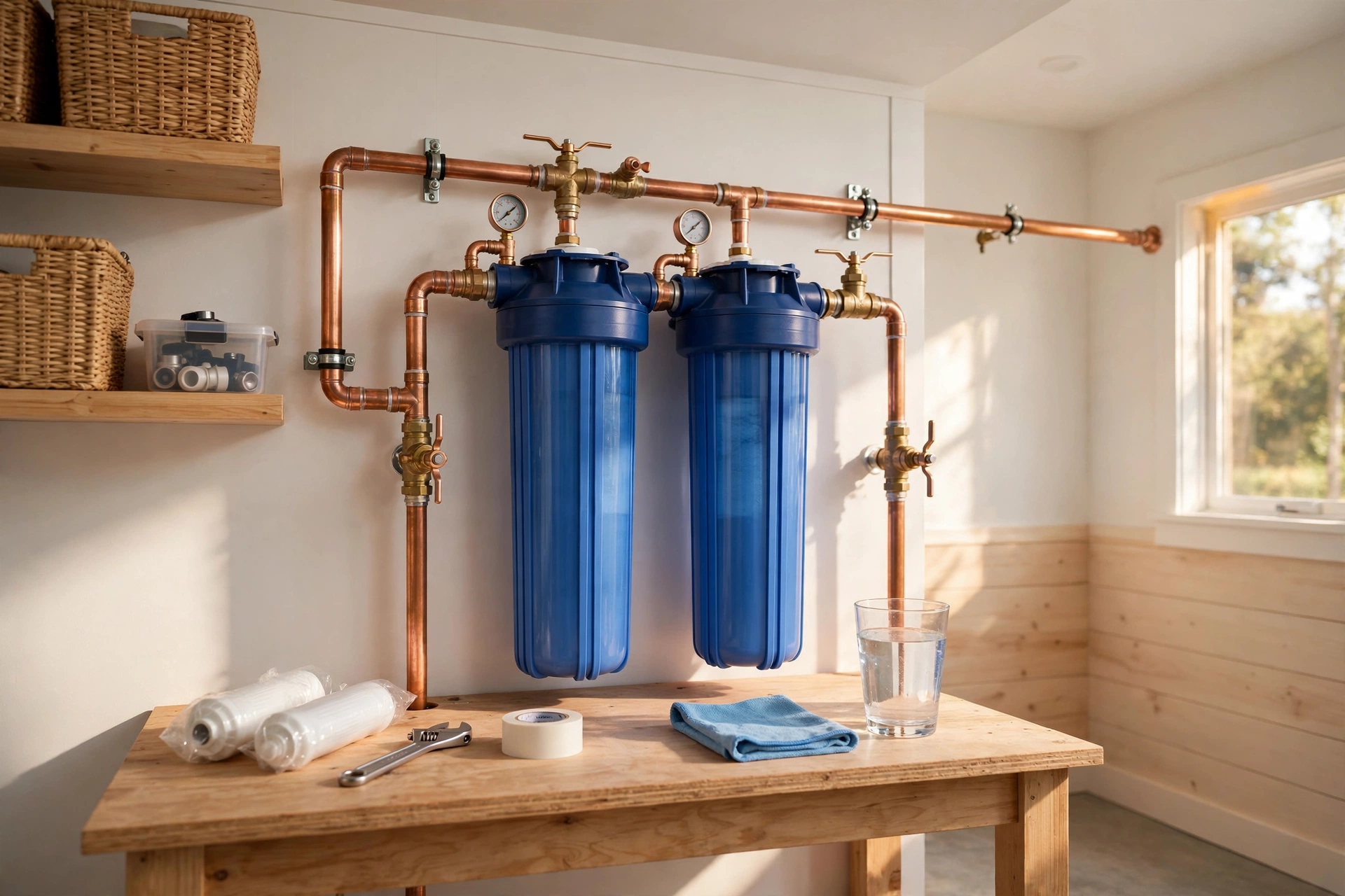 Whole house water filters installed on a home main water line: two large blue filter housings on copper pipe above a workbench with a glass of clear water