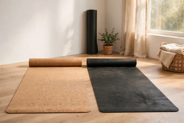 Natural cork and natural rubber yoga mats that do not shed microplastics, unrolled on a wood floor in morning light